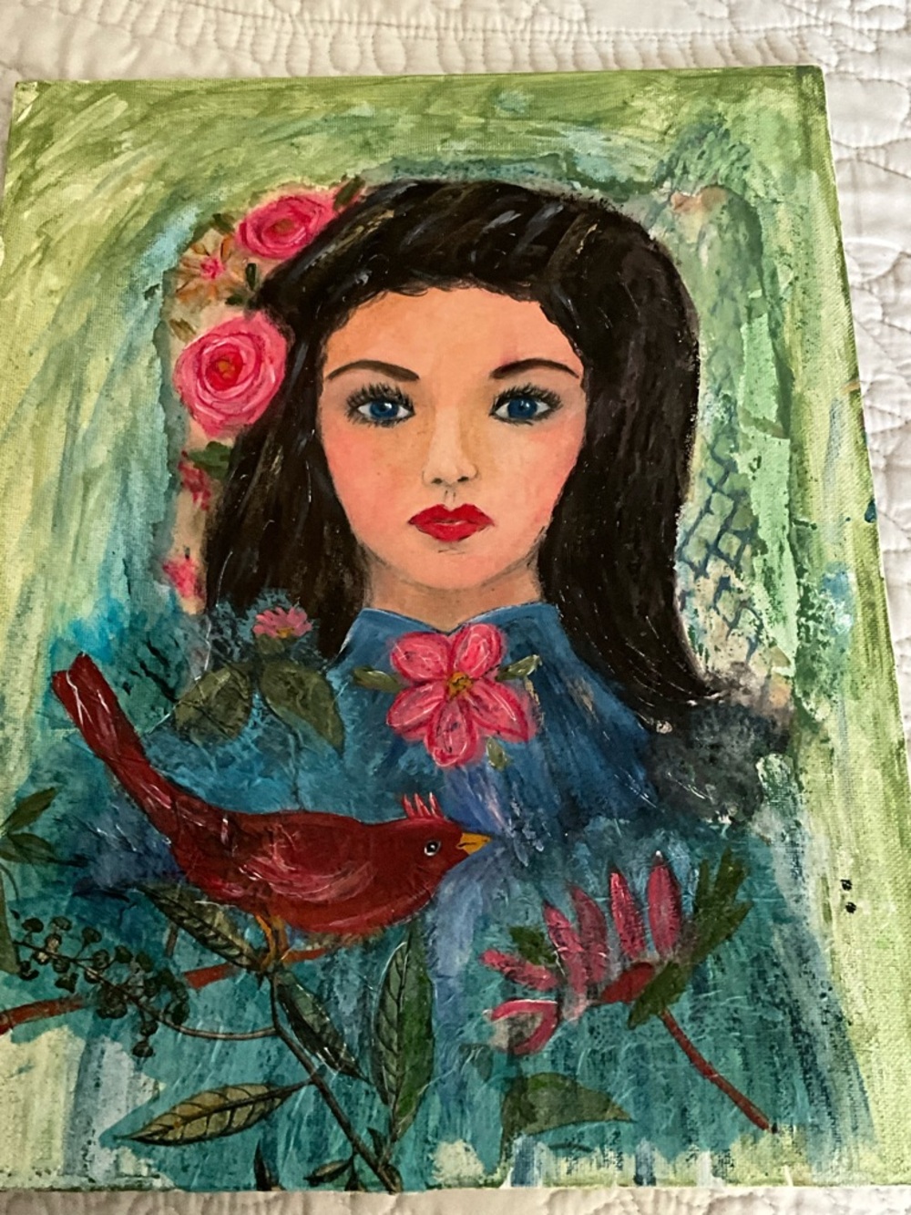 Original Mixed Media Portrait Painting of Woman with Cardinal 10x14 unframed - Picture 3 of 5